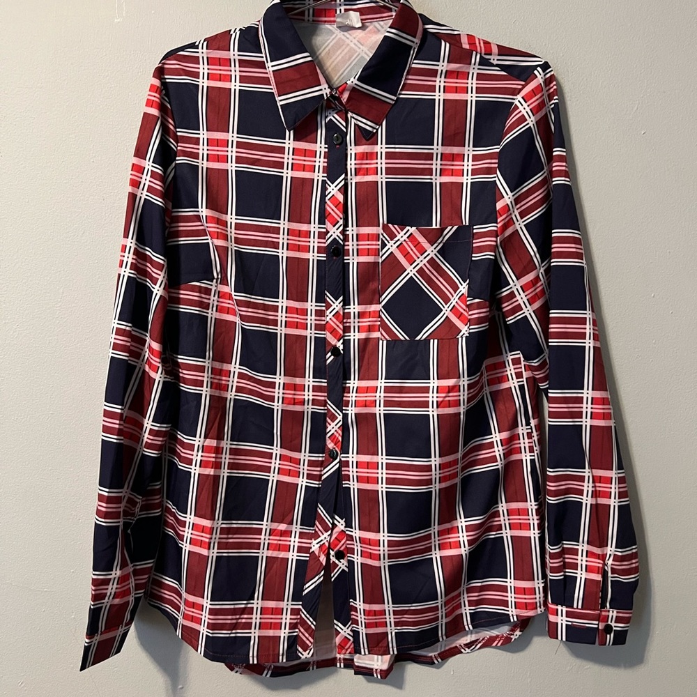 Thin silky plaid button up large